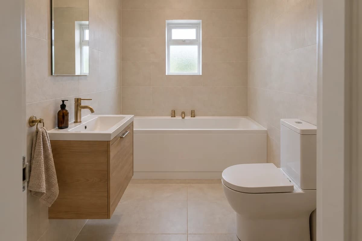 Illustration: a compact bathroom with a bath along the back wall, a wood vanity and a toilet