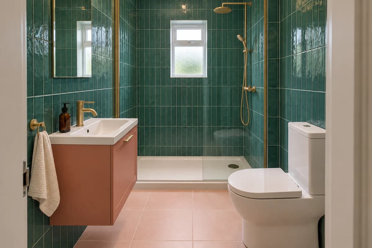 Illustration: a compact shower room in a bold, colourful style