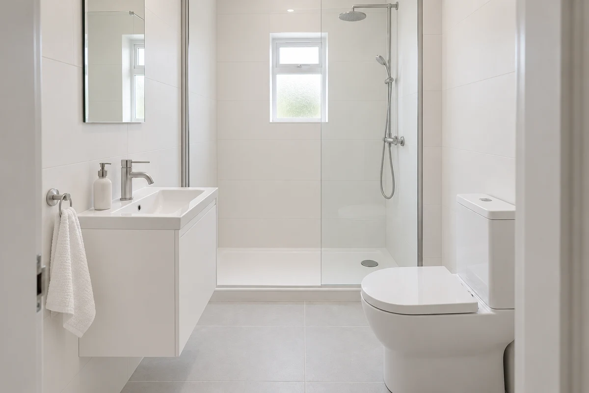 Illustration: a compact shower room in a clean, minimal style