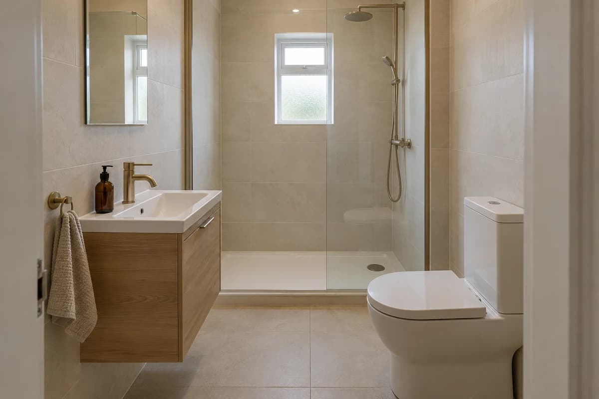 Illustration: a compact shower room in a warm, natural style
