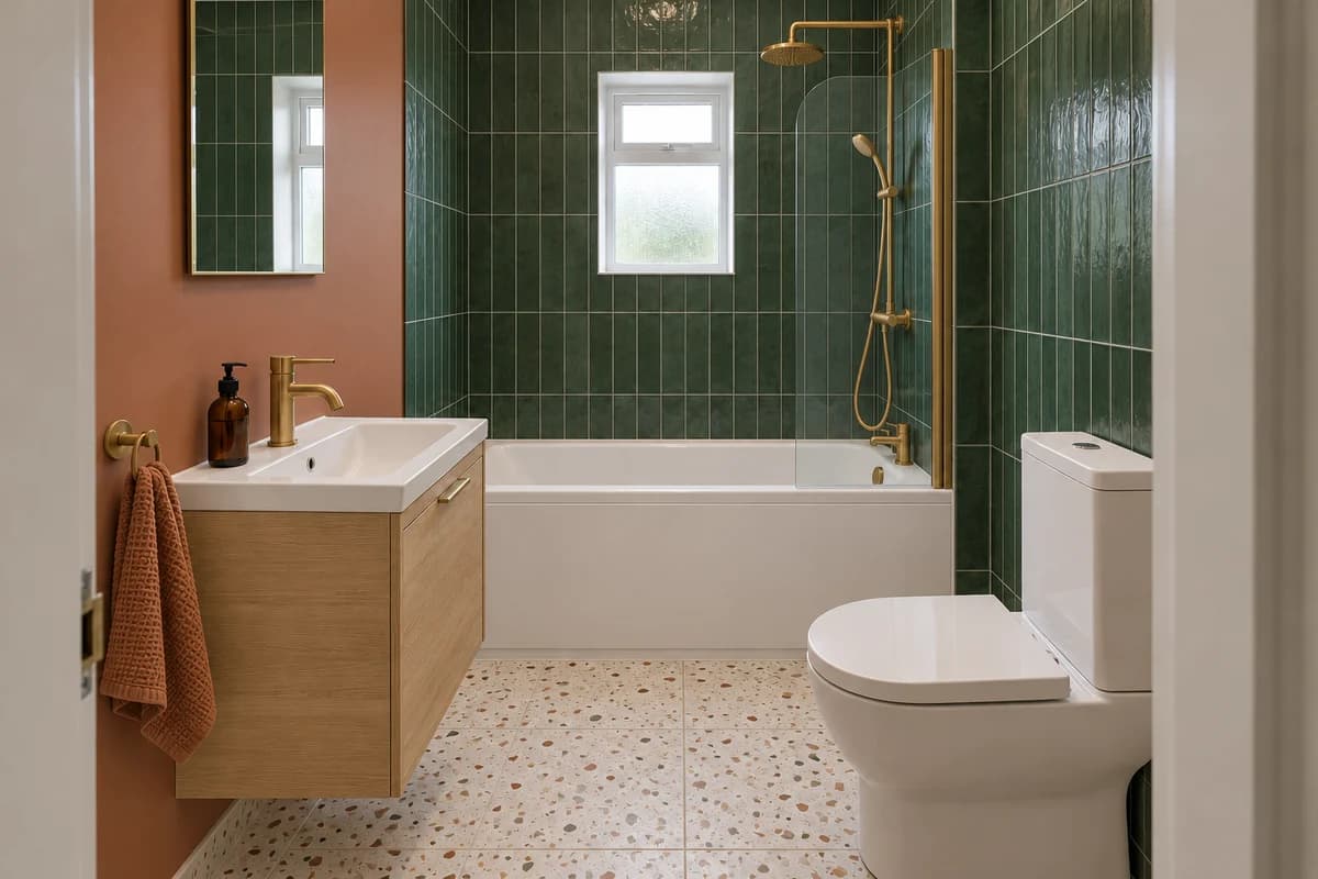 Illustration: a compact bathroom with a shower over the bath in a bold, colourful style