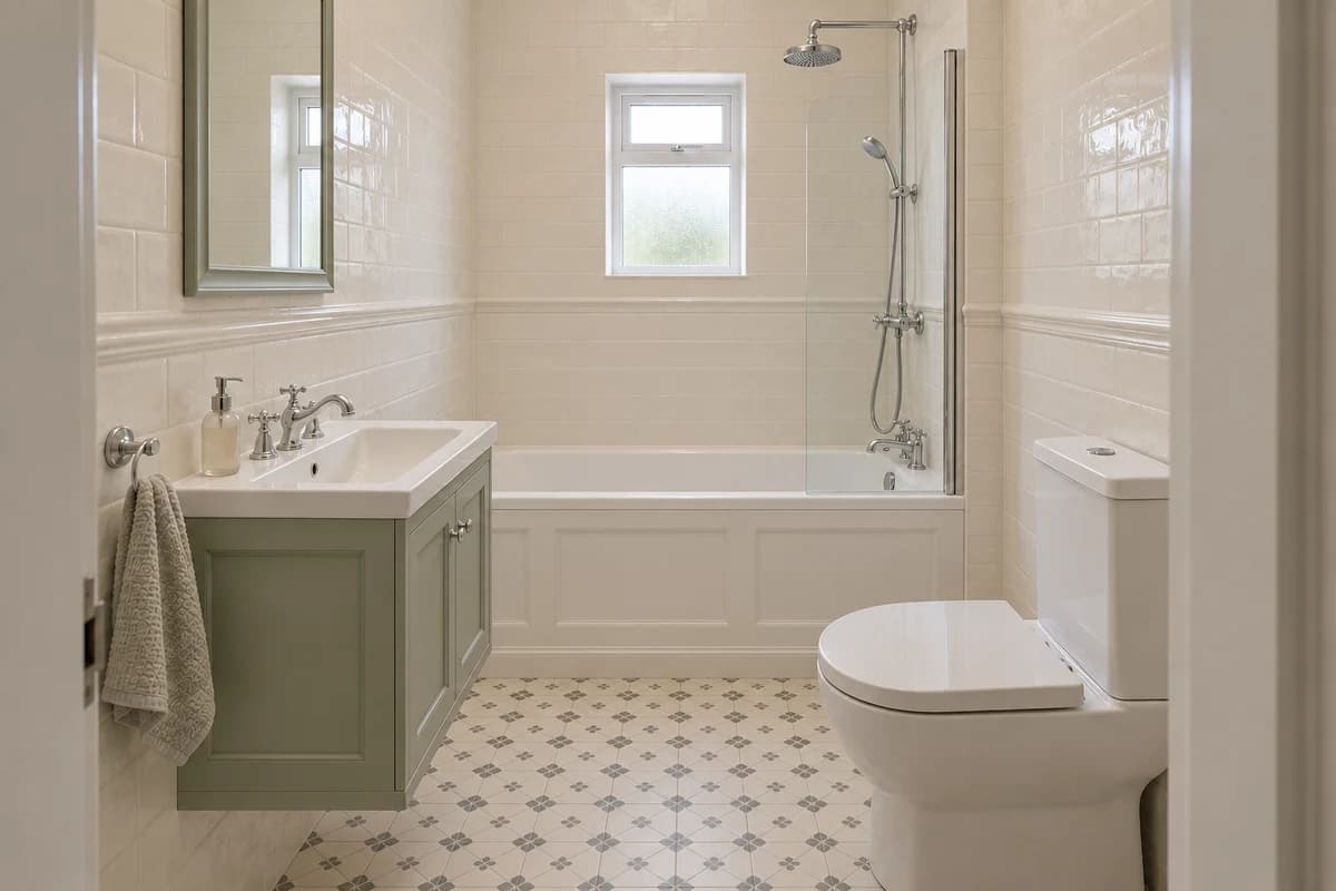 Illustration: a compact bathroom with a shower over the bath in a classic, traditional style
