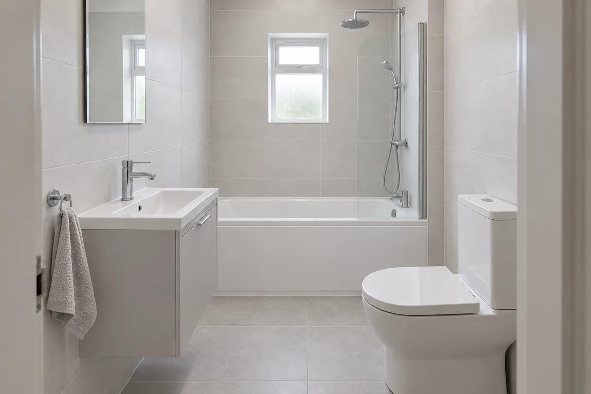 Illustration: a compact bathroom with a shower over the bath in a clean, minimal style