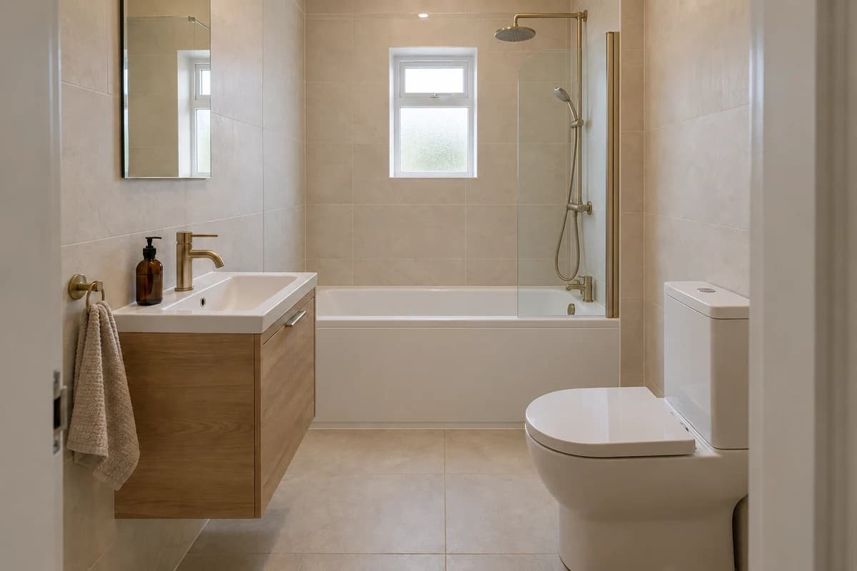 Illustration: a compact bathroom with a shower over the bath in a warm, natural style