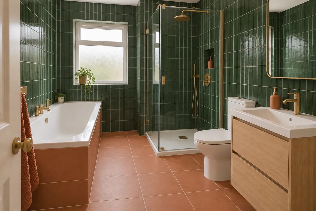 Illustration: a bathroom with a compact bath and a separate shower in a bold, colourful style