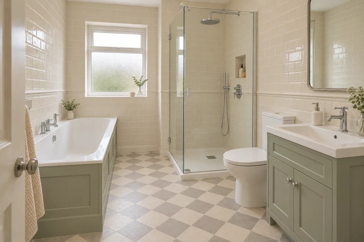 Illustration: a bathroom with a compact bath and a separate shower in a classic, traditional style