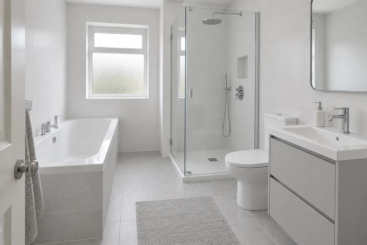 Illustration: a bathroom with a compact bath and a separate shower in a clean, minimal style