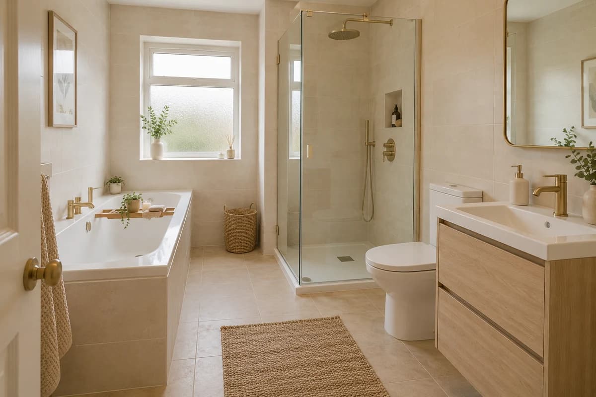 Illustration: a bathroom with a bath and a separate shower enclosure