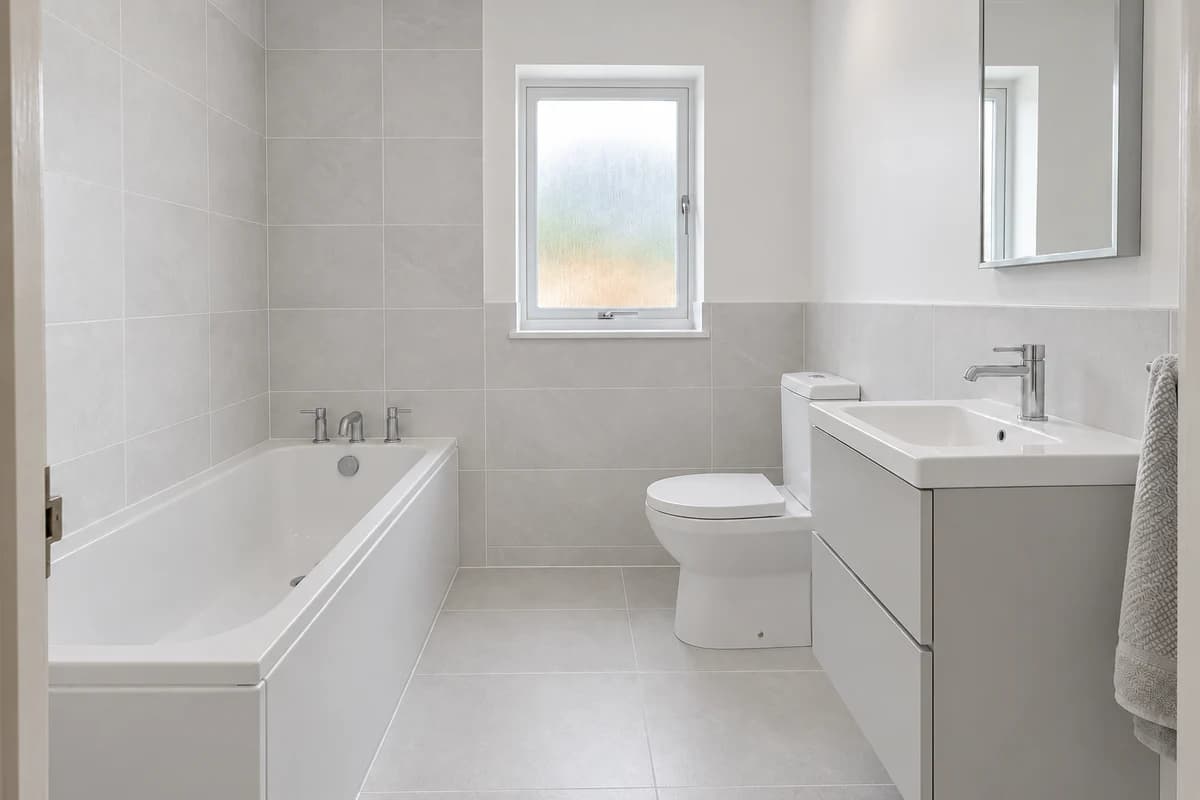 Illustration: a straight built-in bath along the wall of a bathroom