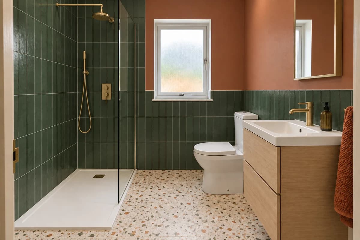 Illustration: a shower room in a bold, colourful style