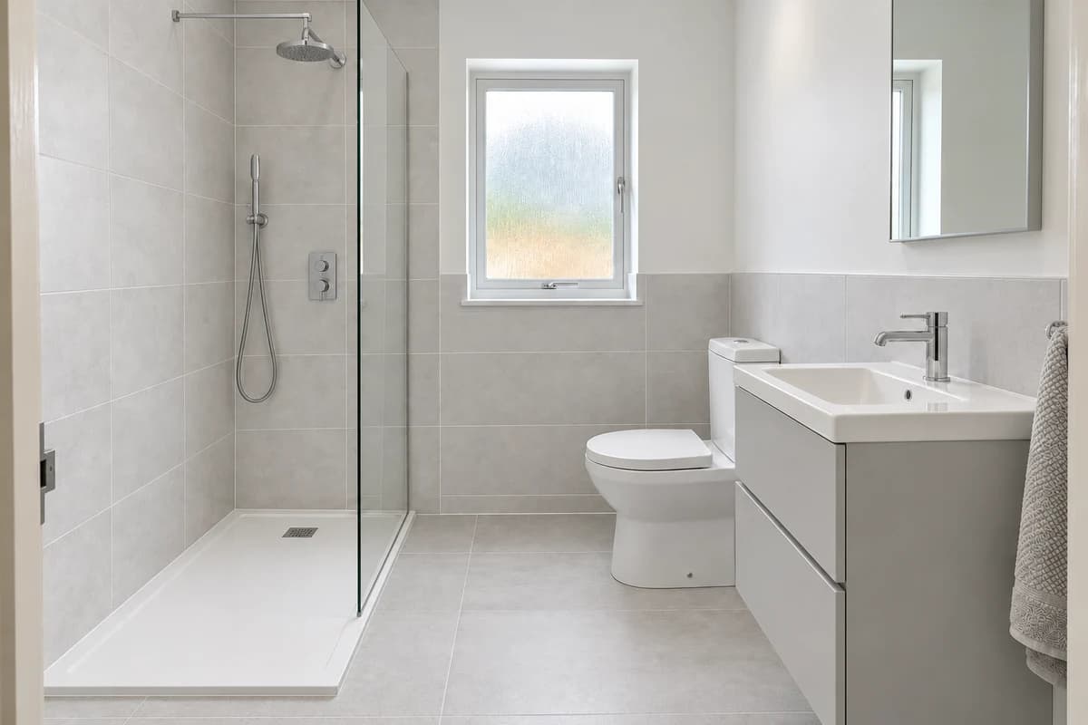 Illustration: a shower room in a clean, minimal style