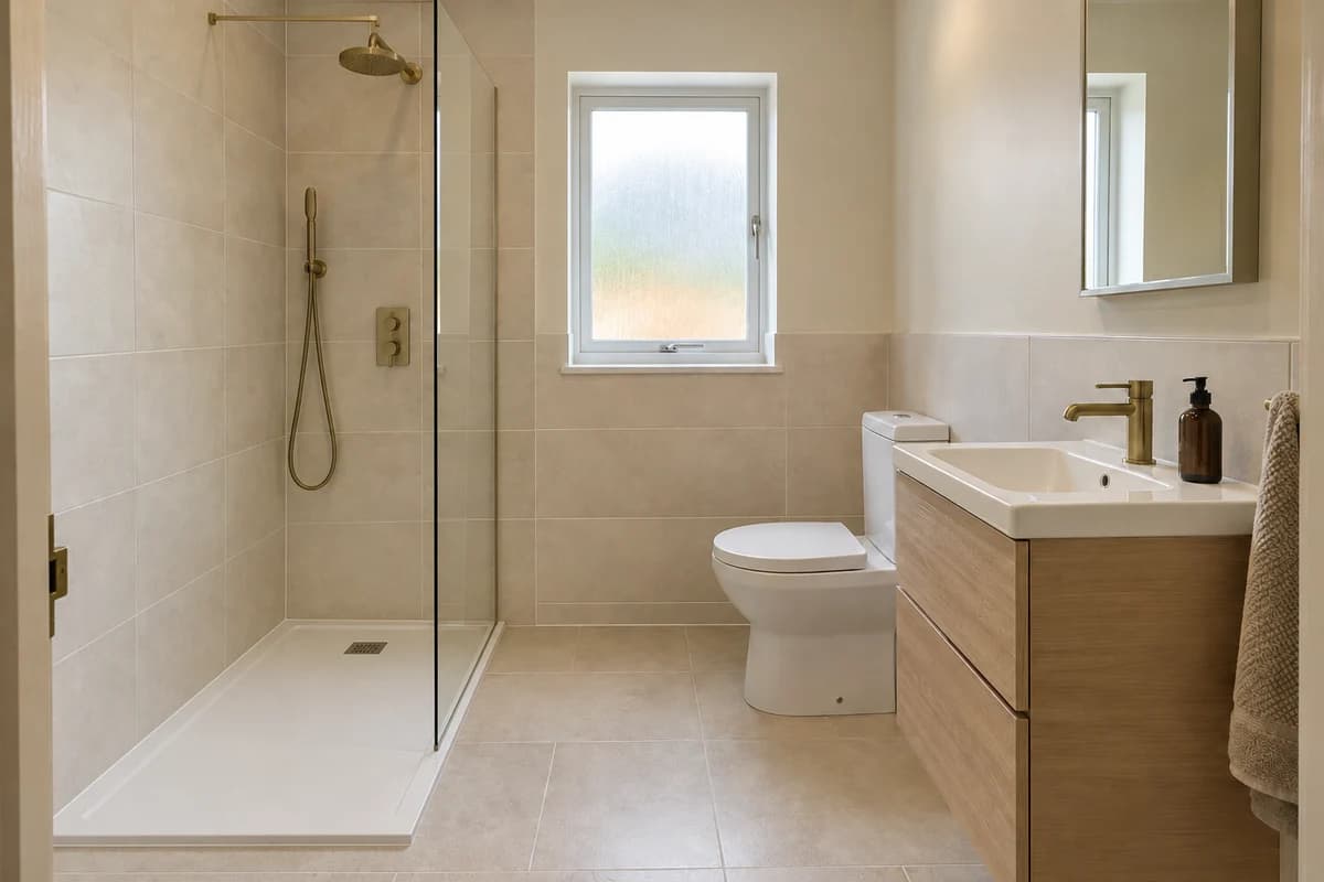 Illustration: a bathroom with a walk-in shower and no bath