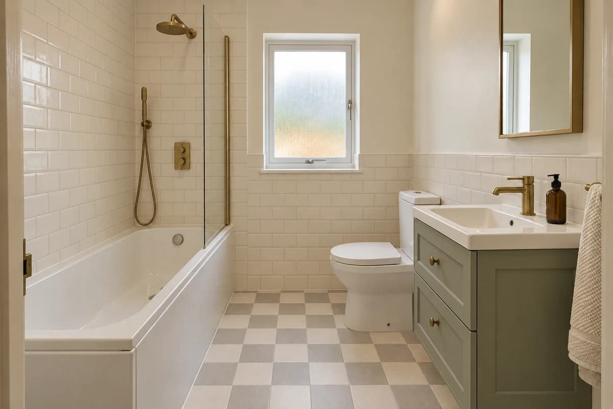 Illustration: a bathroom with a shower over the bath in a classic, traditional style