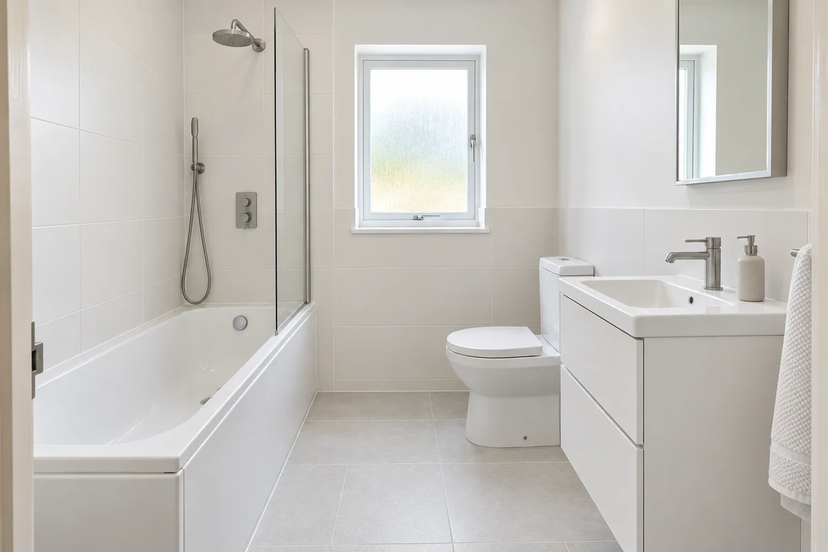 Illustration: a bathroom with a shower over the bath in a clean, minimal style