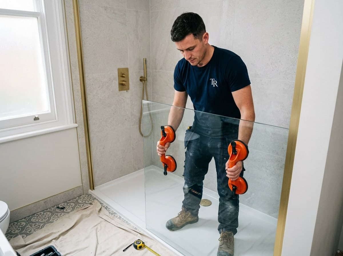 Illustration: a frameless glass shower screen being fitted into a slim wall channel