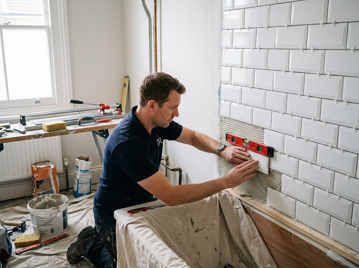 Illustration: metro tiles being laid in a brick-bond pattern on a waterproofed wall