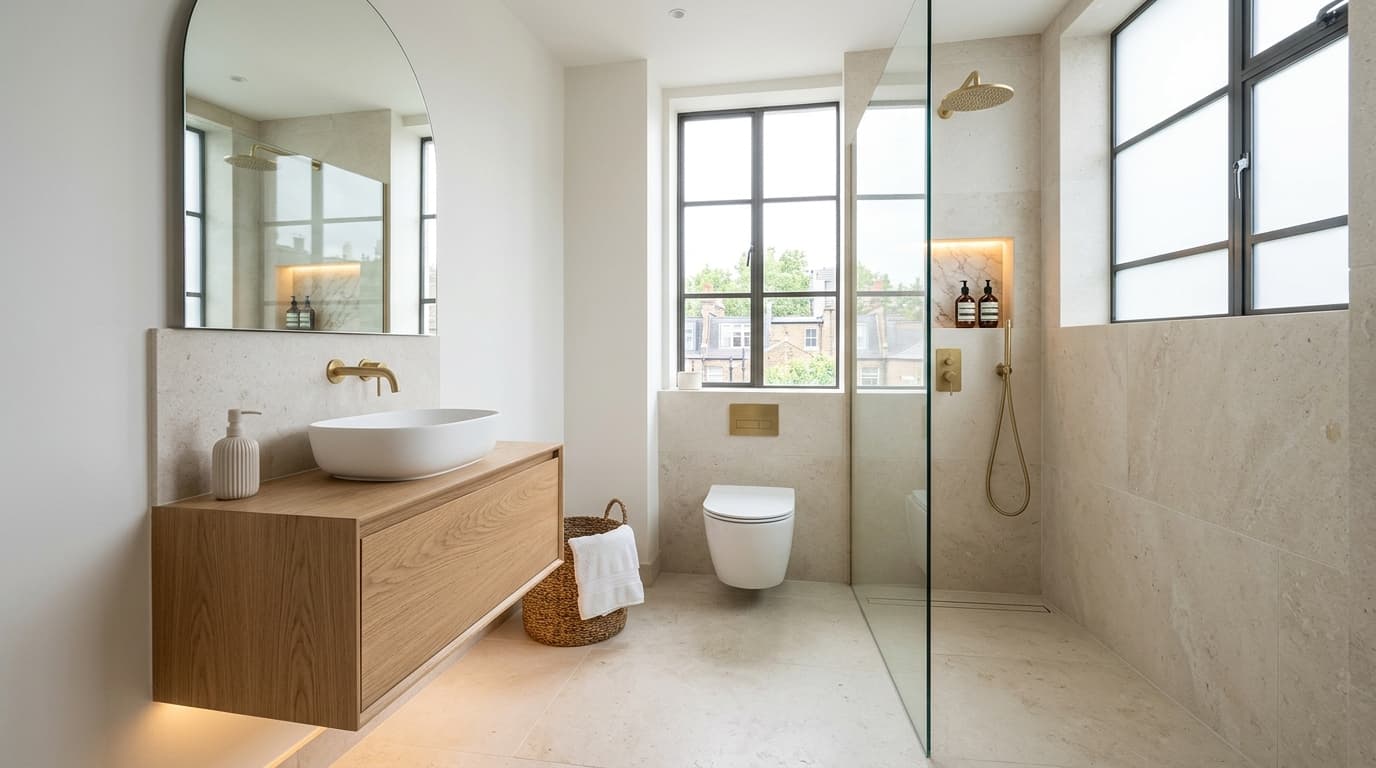 Compact London ensuite with floating oak vanity, wall-hung fixtures and continuous floor tiles into a wet room
