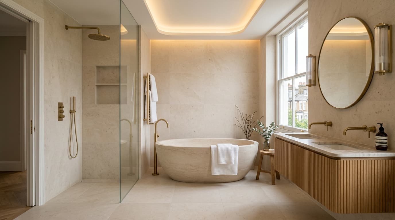 Finished luxury bathroom renovation with limestone walls, sculptural stone bath, fluted vanity and brassware