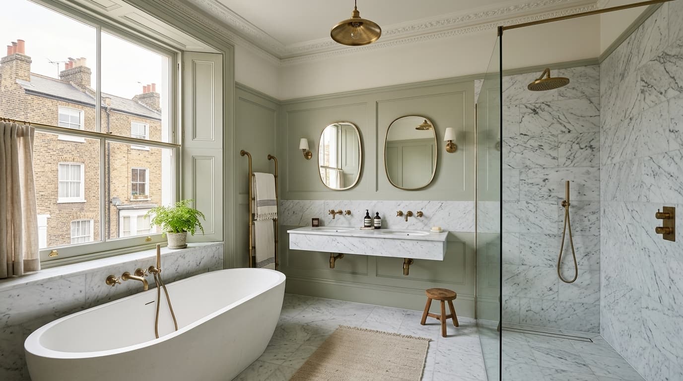 Restored Victorian townhouse bathroom in London with sash window, twin marble vanity and walk-in shower