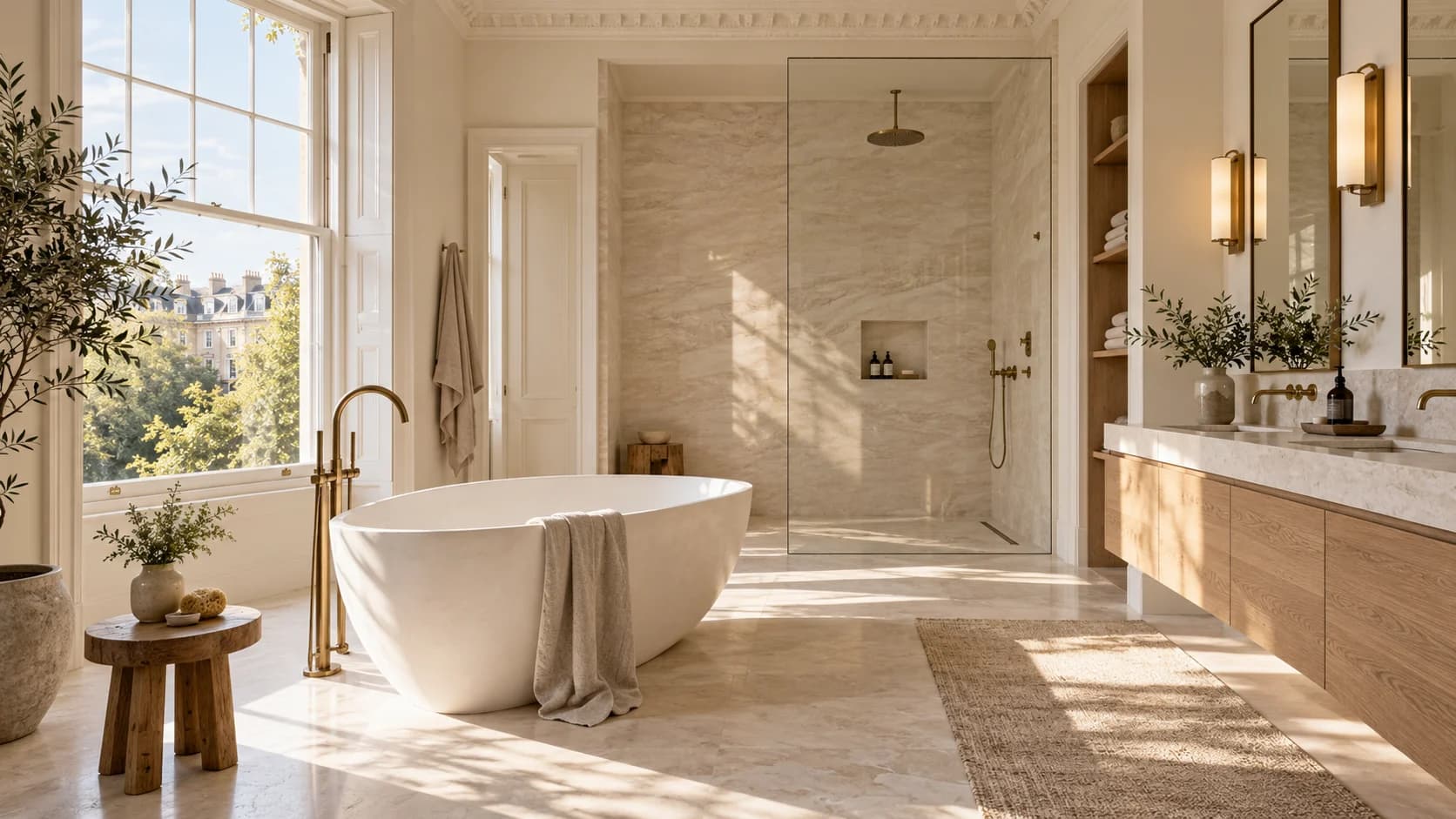 Illustration: a freestanding bath, a walk-in shower and a long double vanity