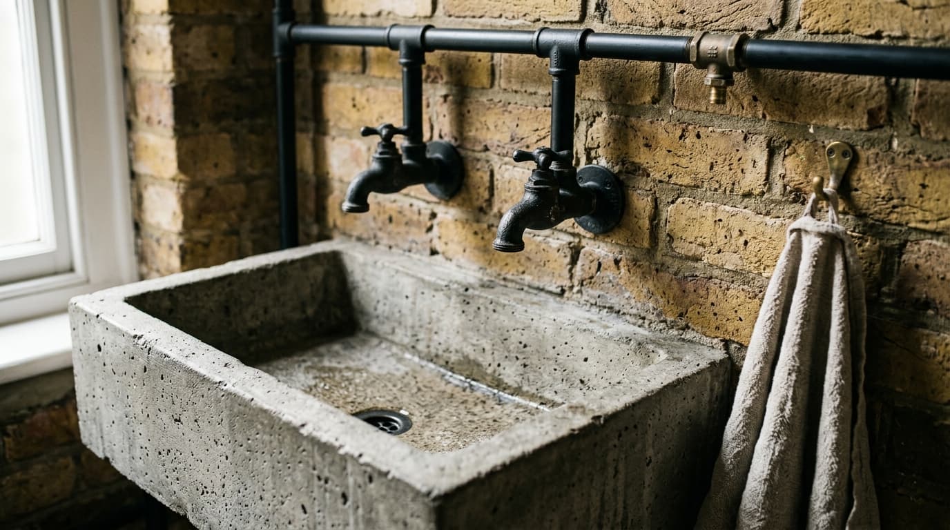 Illustration: a concrete trough basin with black bib taps against brick