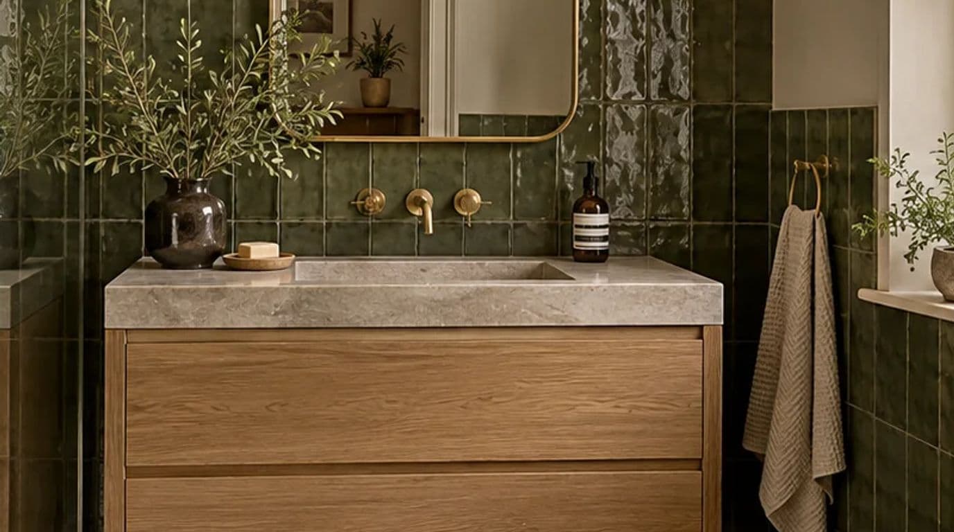Illustration: an oak vanity with a brass tap against green tiles