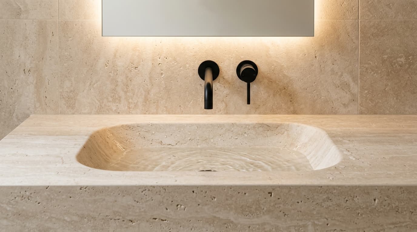 Modern Minimalist bathroom — Carved monolithic travertine