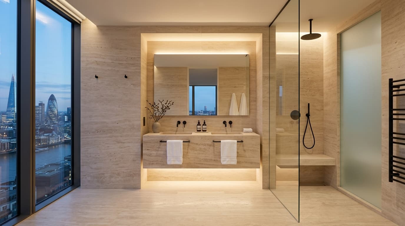 Modern Minimalist bathroom — Luminous honed travertine, floating monolithic vanity, and a frameless glass wet room overlooking the London skyline.
