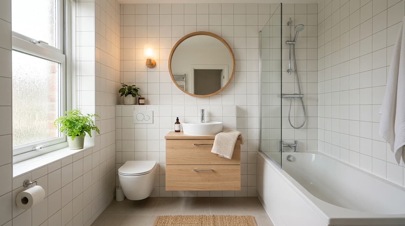 Illustration: a bathroom with a bath and clear glass shower screen, a wall-hung toilet and an oak vanity with a countertop basin