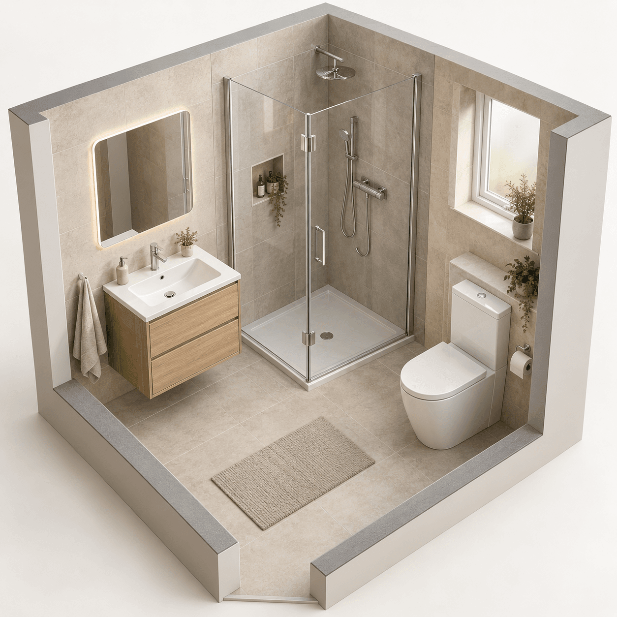 Illustration: a corner shower with a door
