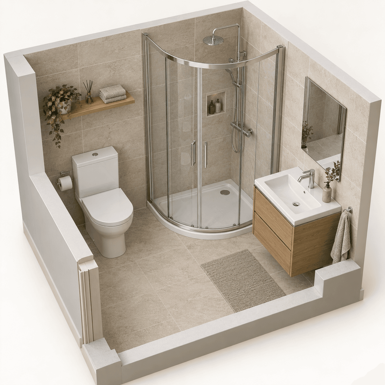 Illustration: a curved corner shower