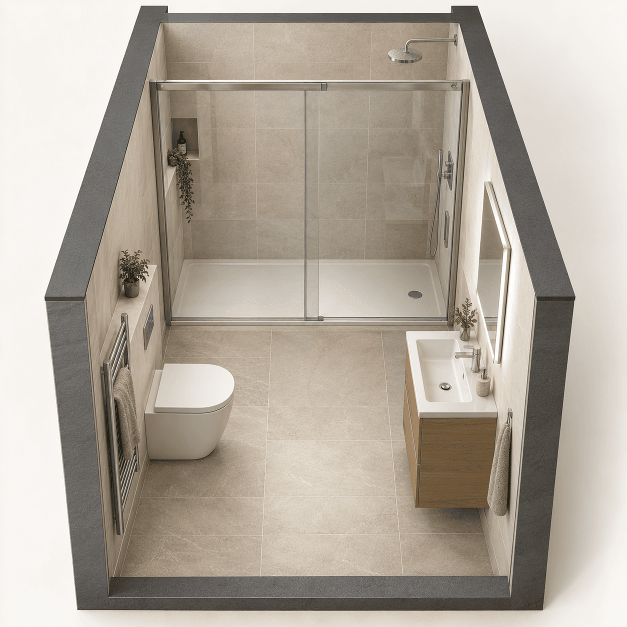 Illustration: a shower across the end wall
