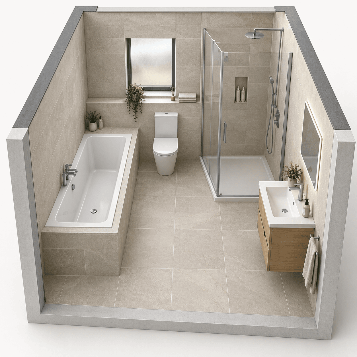 Illustration: a built-in bath and separate shower