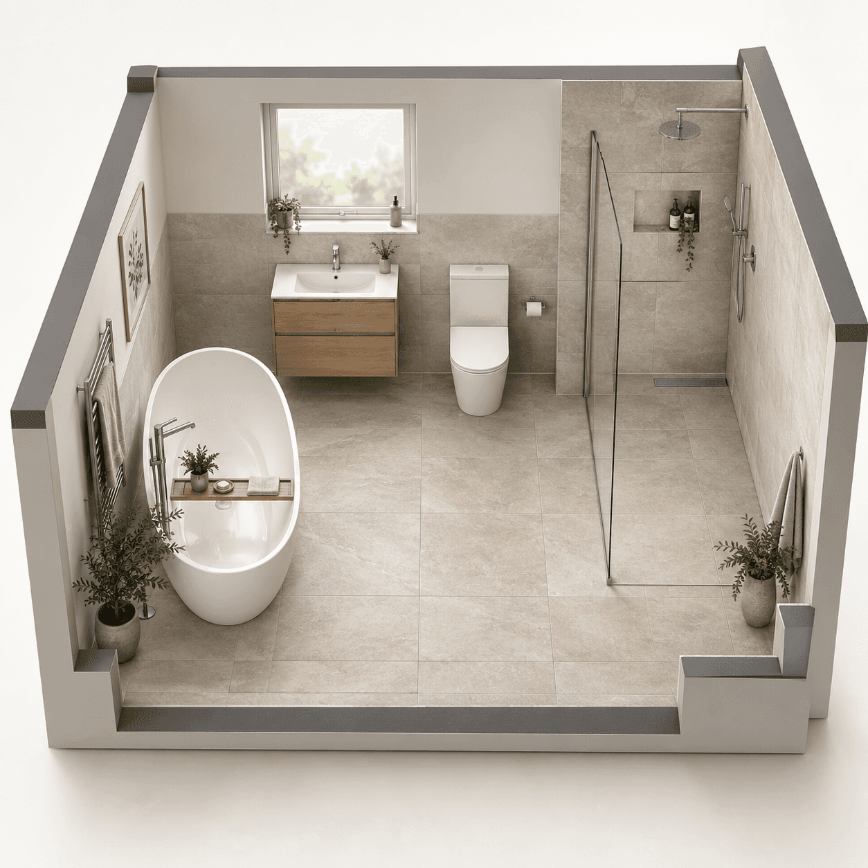 Illustration: a freestanding bath and separate shower