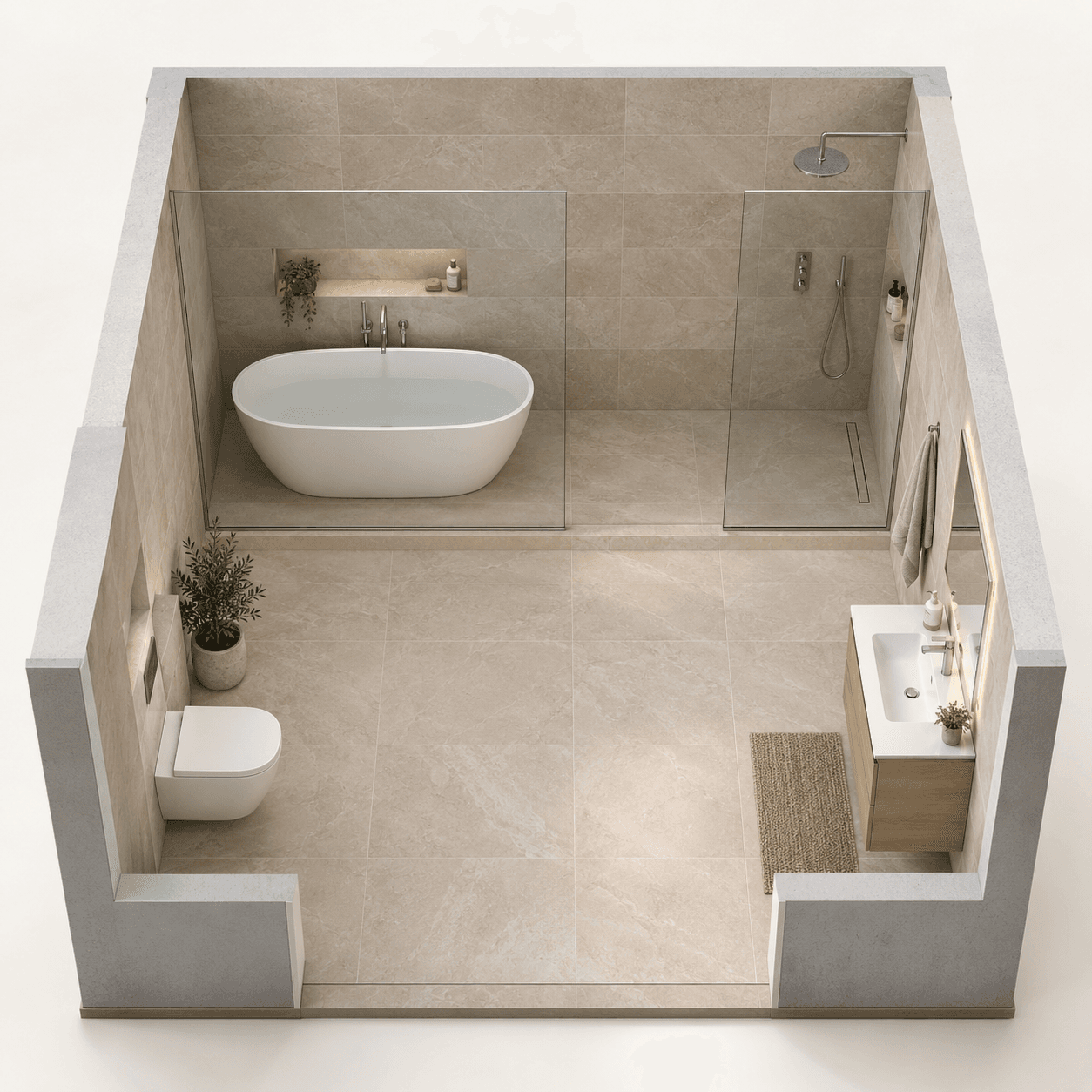 Illustration: bath and shower in one wet area