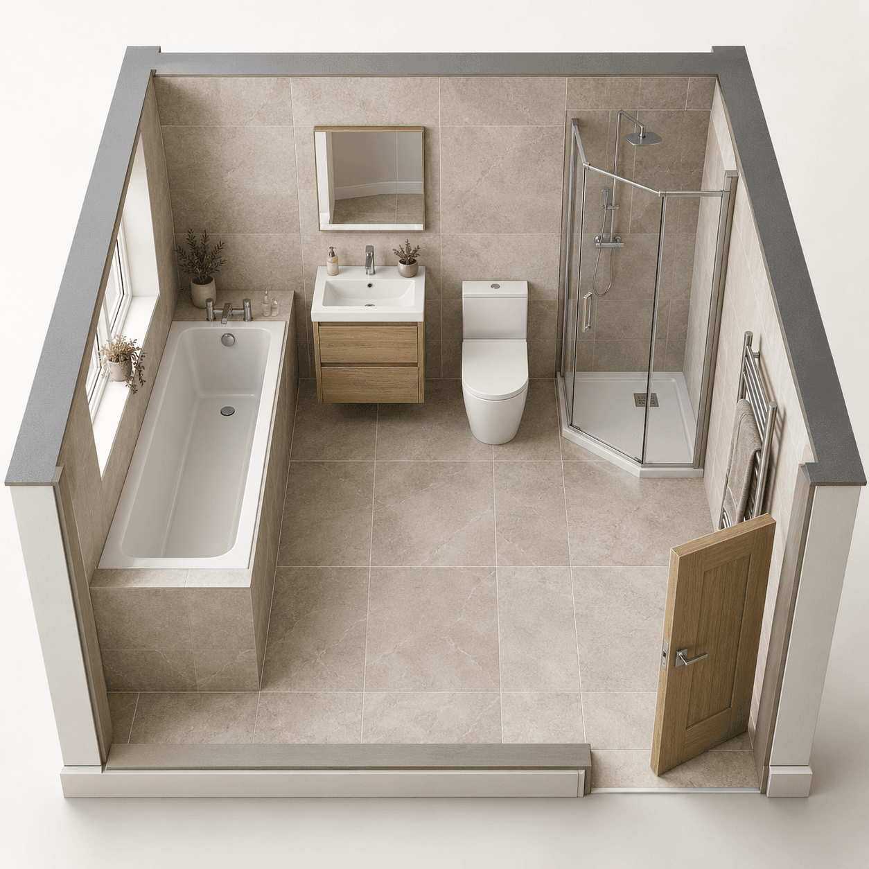 Illustration: a compact bath with corner shower