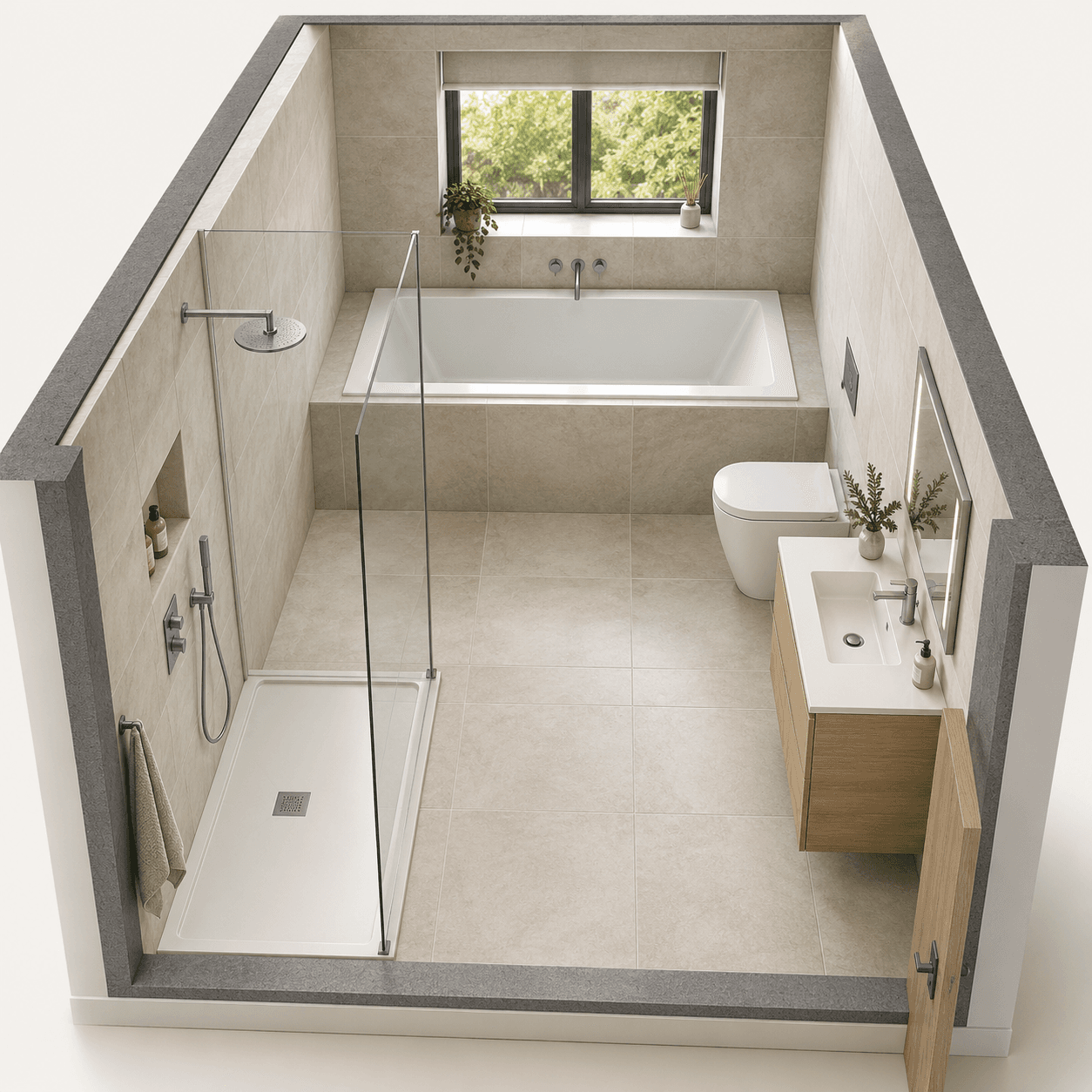Illustration: bath under the window, shower to the side