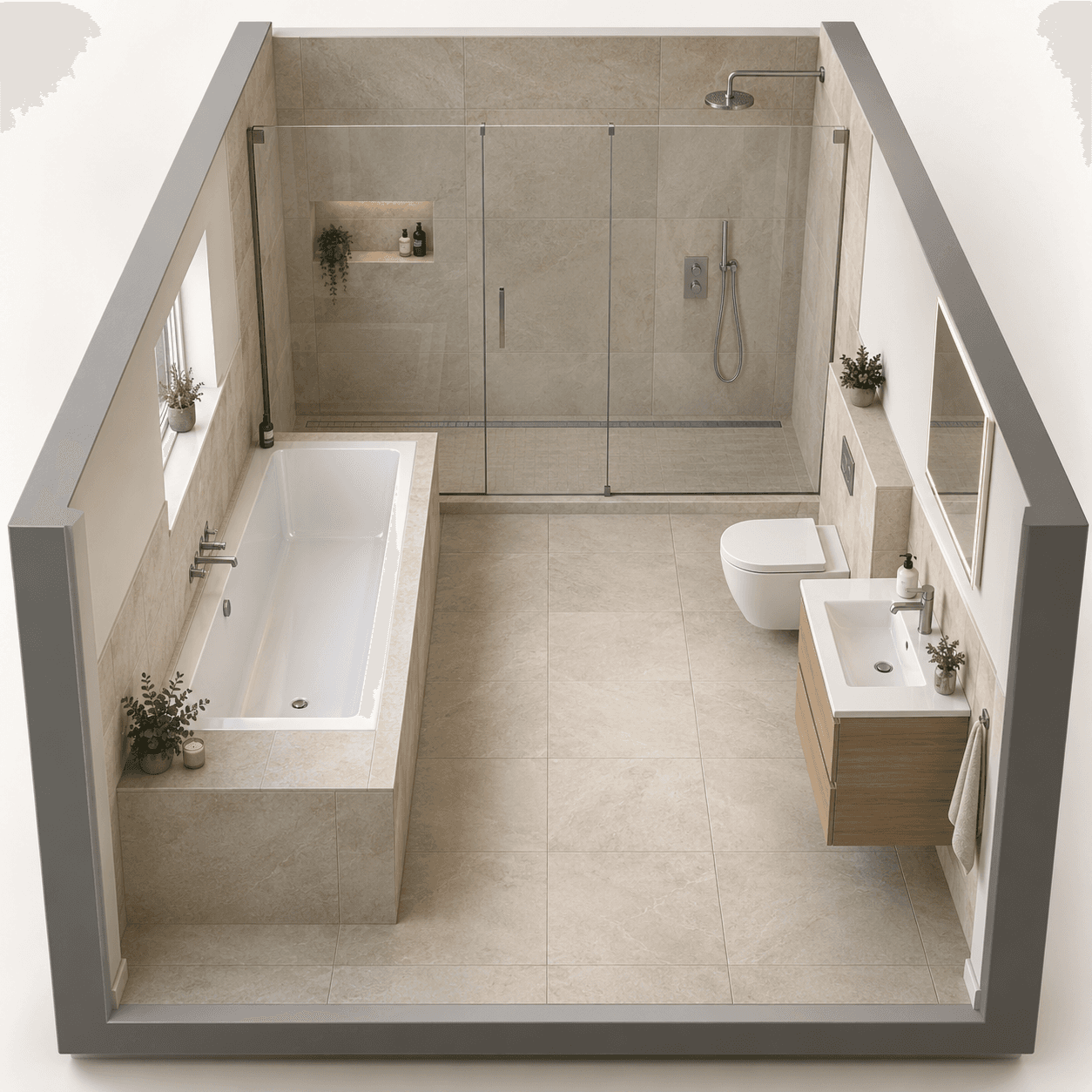 Illustration: shower at the end, bath along the side