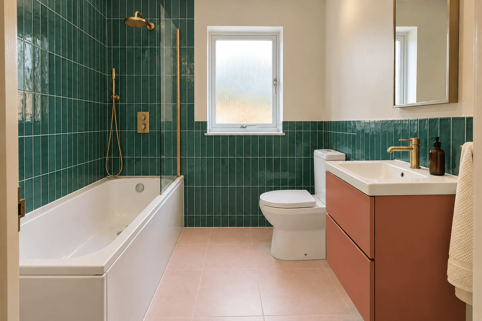 Illustration: the same bathroom in a bold & colourful style