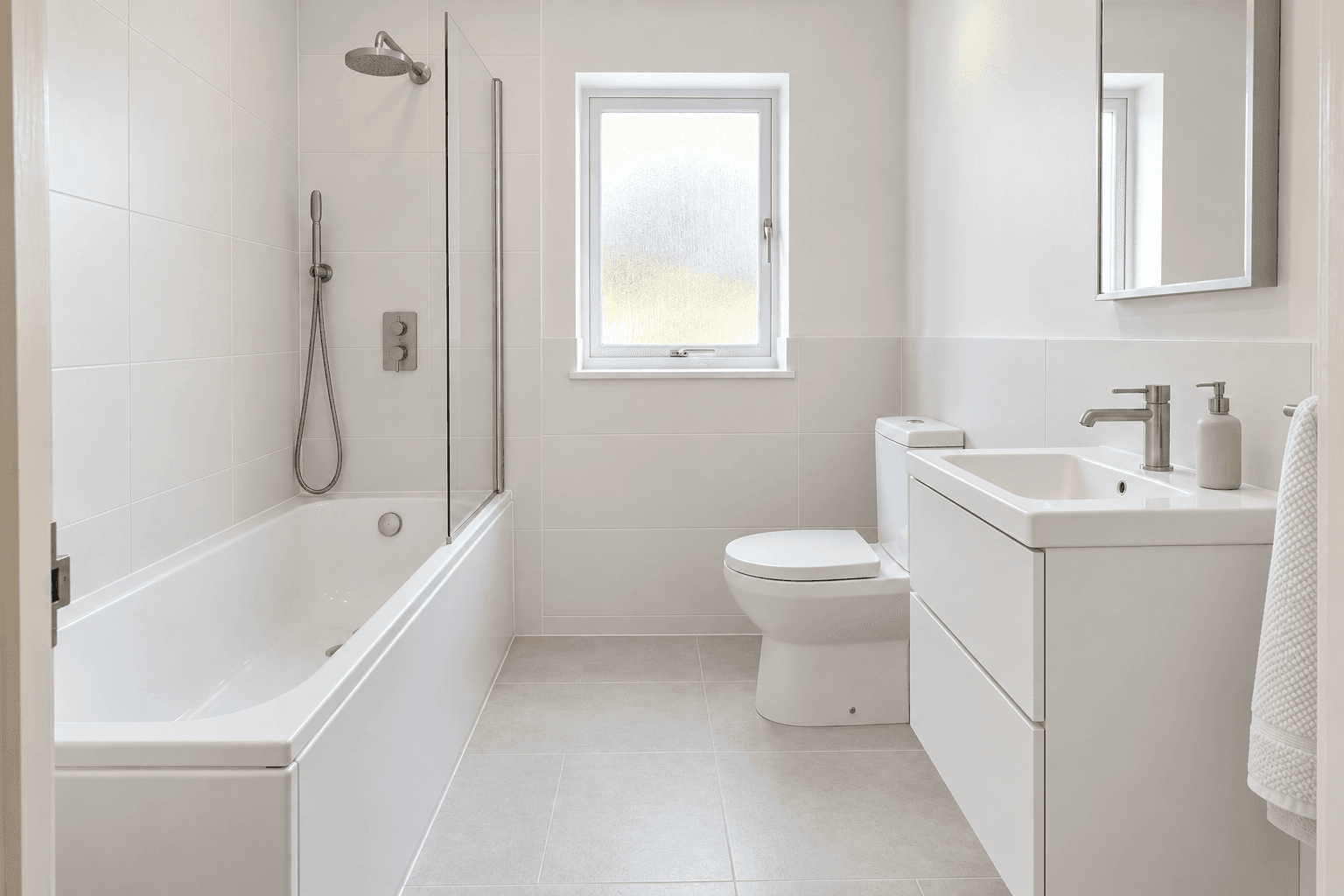 Illustration: the same bathroom in a clean & minimal style