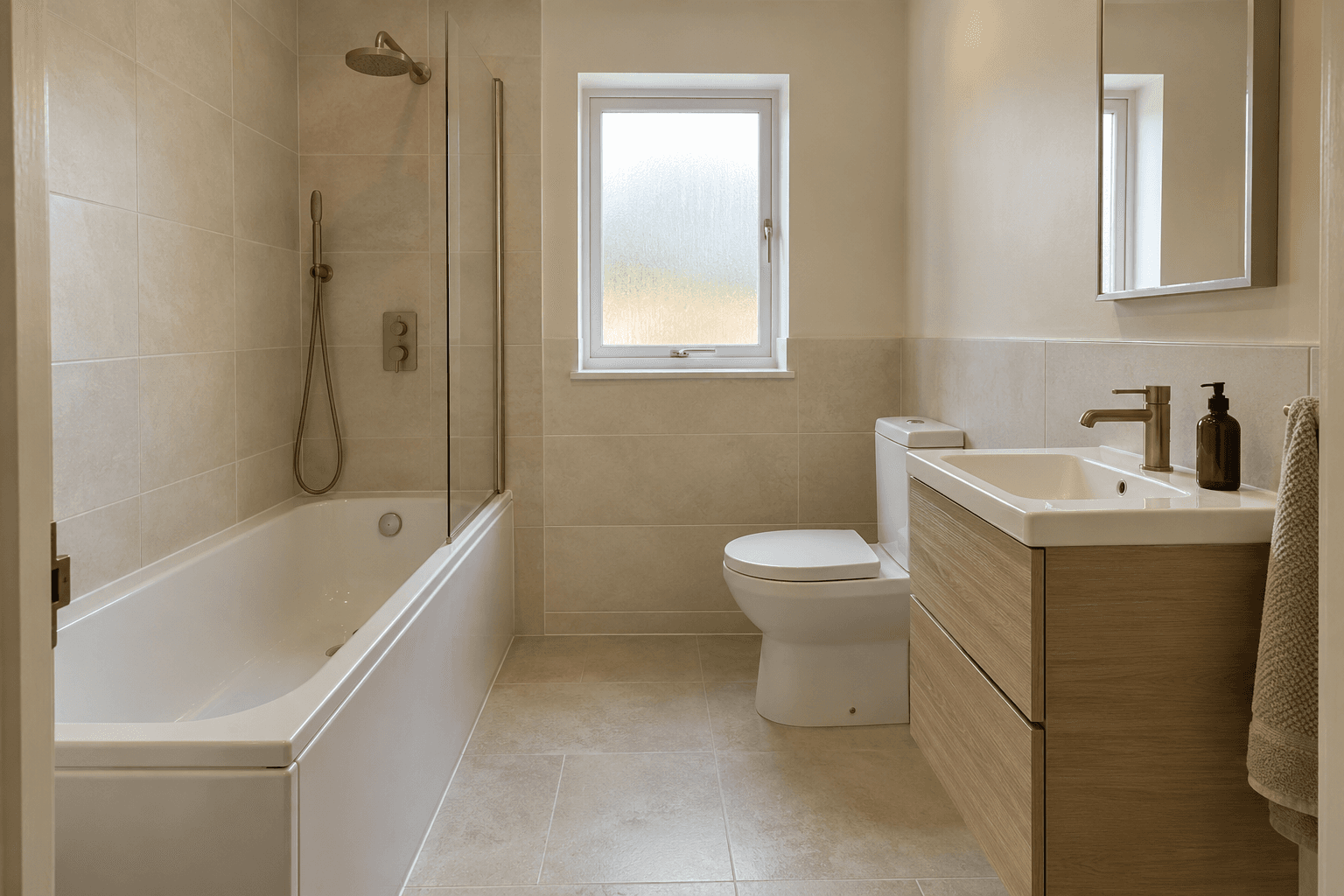 Illustration: the same bathroom in a warm & natural style
