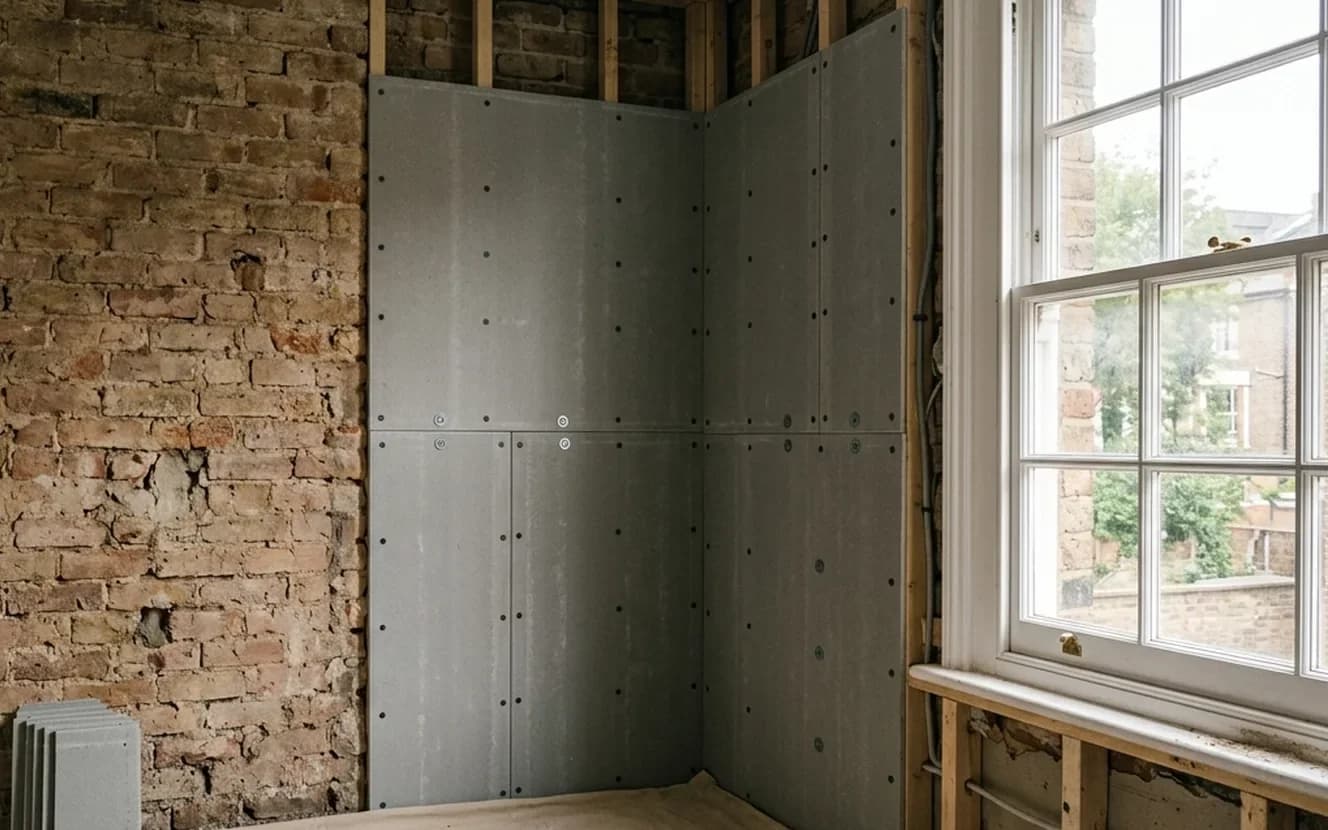 Illustration: a bathroom wall stripped back to brick beside a corner lined with screwed tile backer board